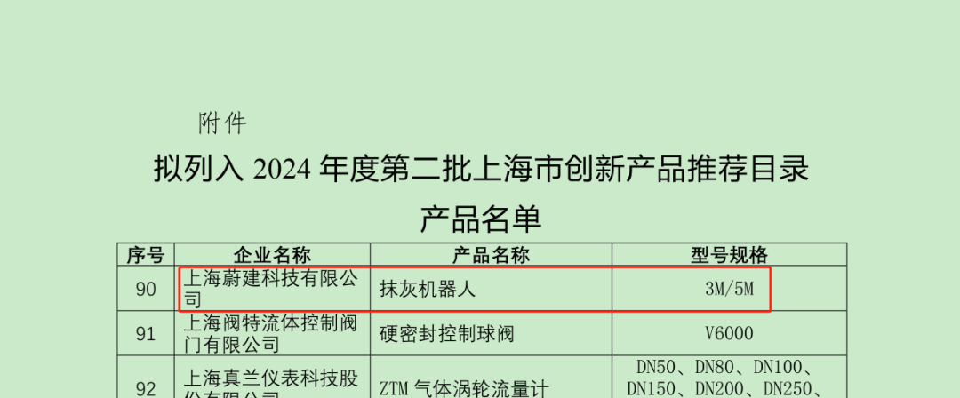 CA88抹灰机器人入选《上海市创新产品推荐目录》